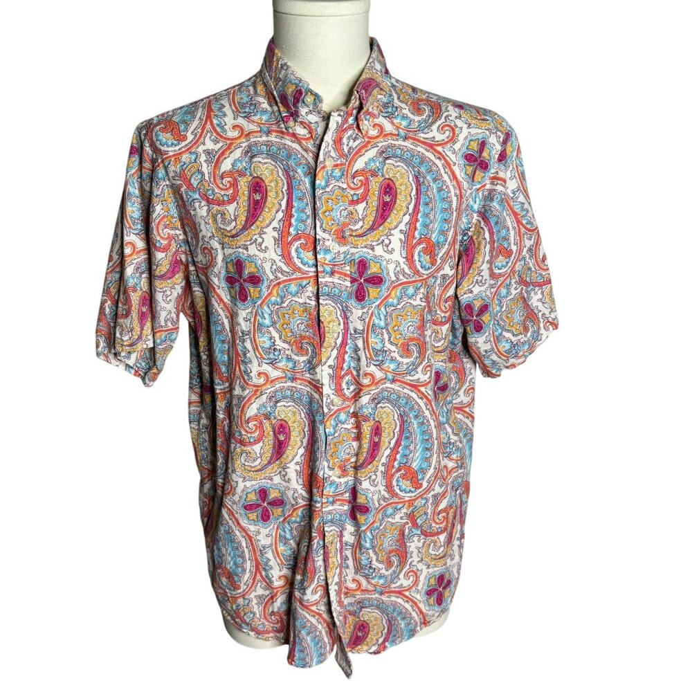 Daniel Cremieux Button Down Linen Shirt M White Tailored Fit Paisley